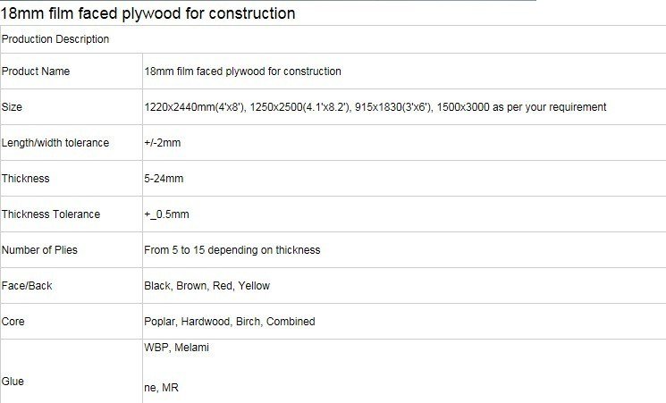 21*1250*2500mm Poplar Core Marine Film Faced Plywood Brown Film